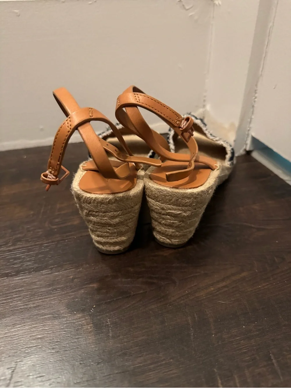 Tory Burch Navy & Tan Striped Logo Espadrille Sandals